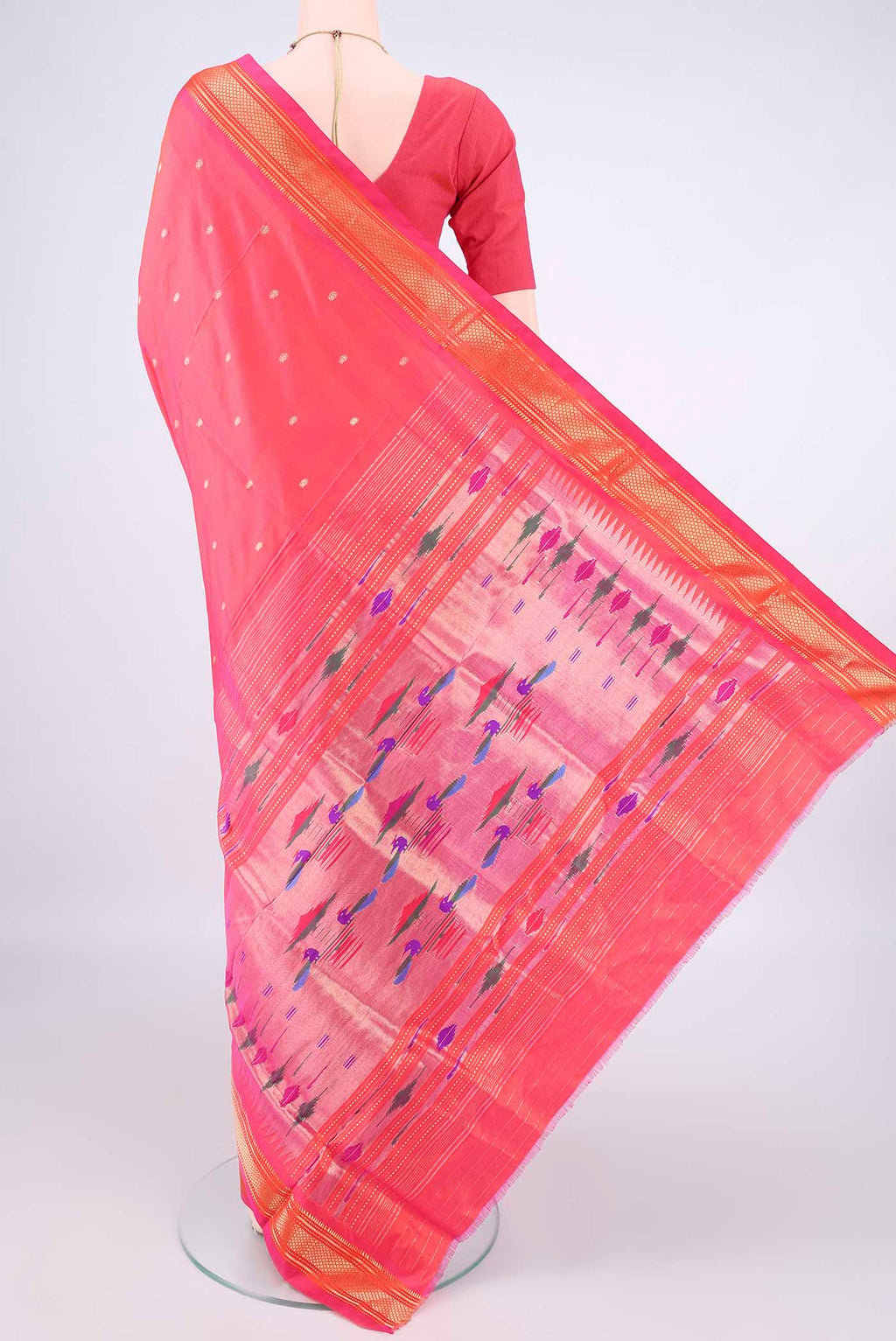 Flat view of Pure Silk Imperial Pink Paithani Saree with Plain Body and Zari Border. 