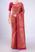 Pink Kanchipuram Silk Saree with Zari Brocade on the body and Zari Border.  displayed on a mannequin
