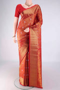Red Kanchipuram Silk Saree with Zari Brocade on the body and Zari Border.  displayed on a mannequin