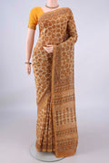 Sandal Chanderi Cotton Saree with Batik Print on the body and Thin Zari Line.  displayed on a mannequin