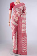 Off White Pochampally Cotton Saree with Ikat design on the body and Plain Border.  displayed on a mannequin
