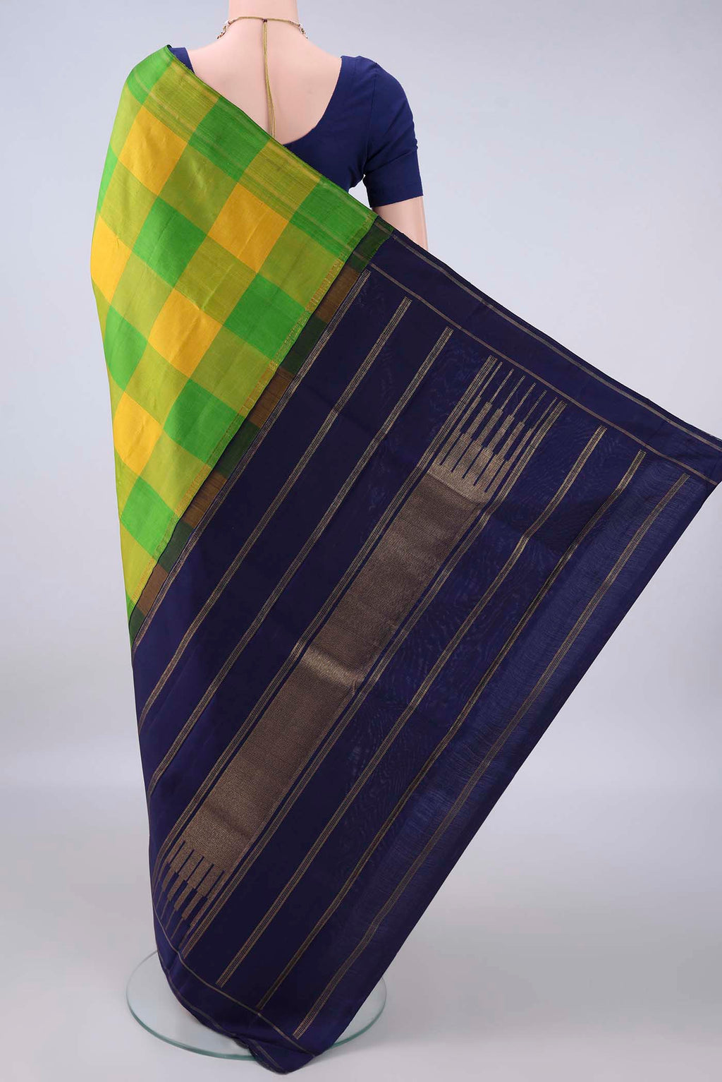 Flat view of Pure Silk Multi Color Kanjivaram Saree with Checked design on the body and Without Border. 