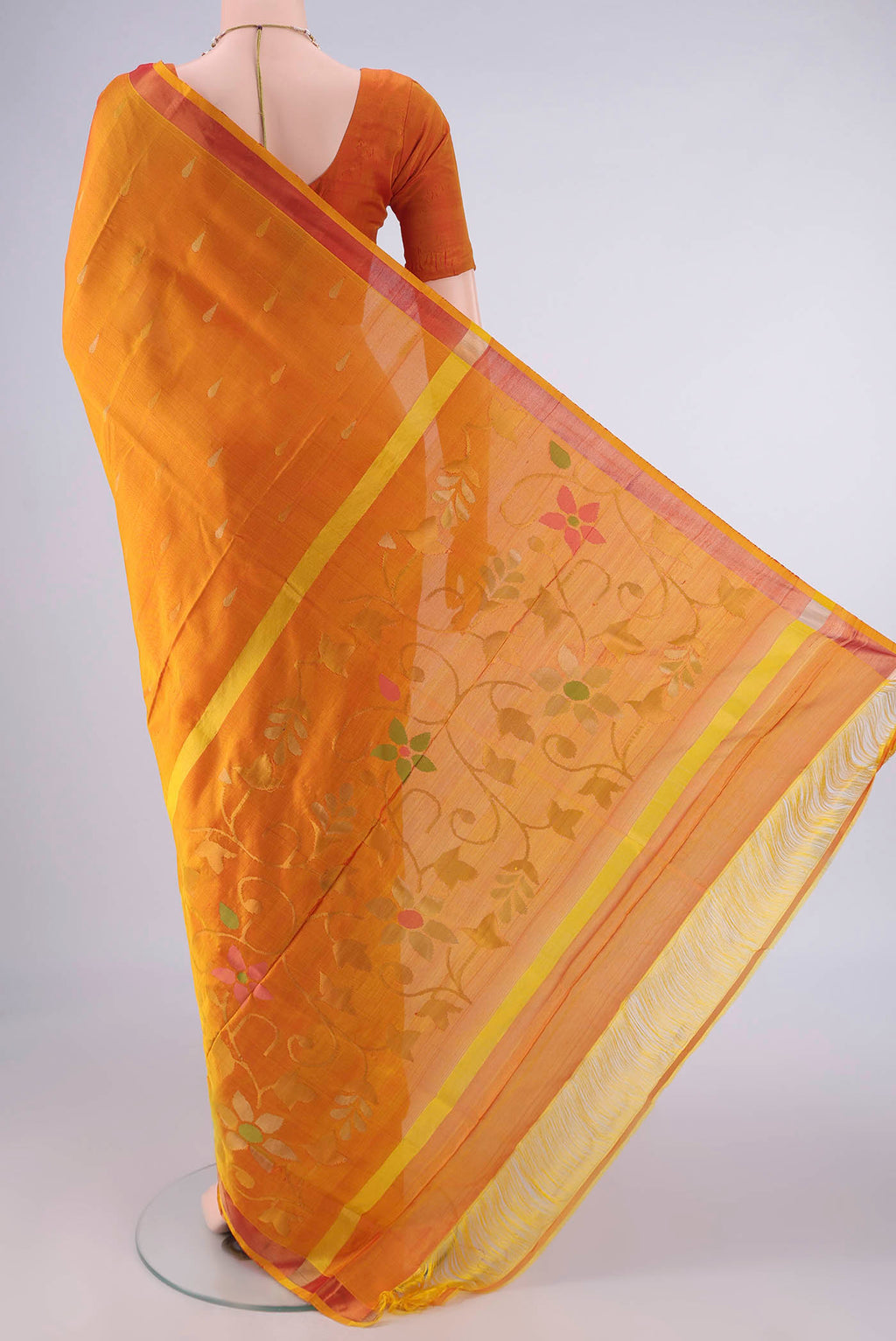 Flat view of Pure Silk Yellow Uppada Saree with Zari Butta on the body and Zari Border. 