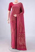 Rani Pink Banarasi Tanchoi Silk Saree with Jacquard With Thread Butta on the body and Thread Border.  displayed on a mannequin