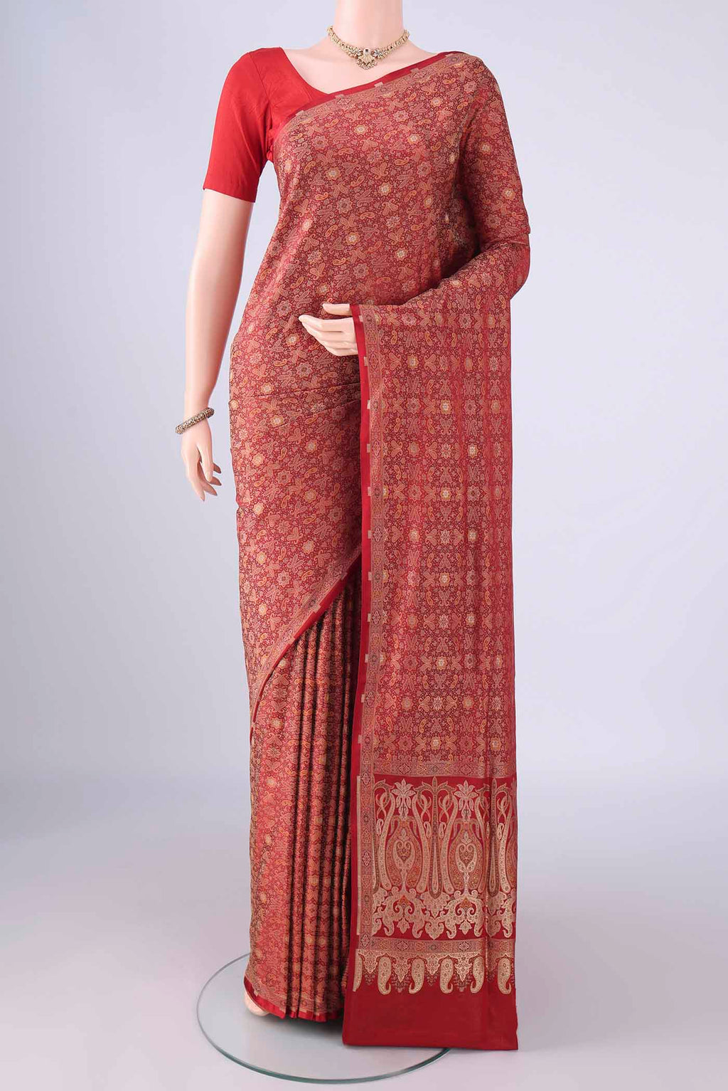 Red Banarasi Tanchoi Silk Saree with Jacquard With Thread Butta on the body and Thread Border.  displayed on a mannequin
