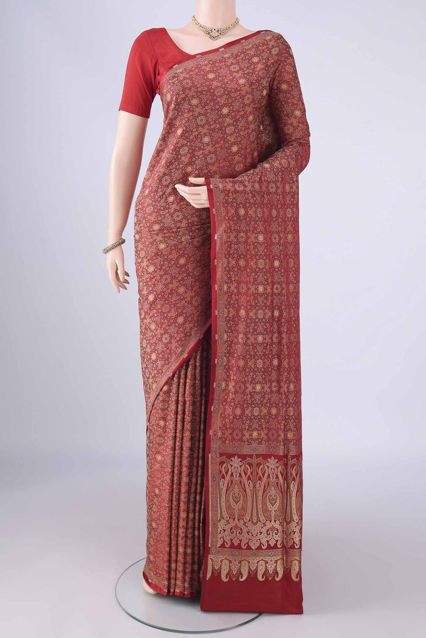 Red Banarasi Tanchoi Silk Saree with Jacquard With Thread Butta on the body and Thread Border.  displayed on a mannequin