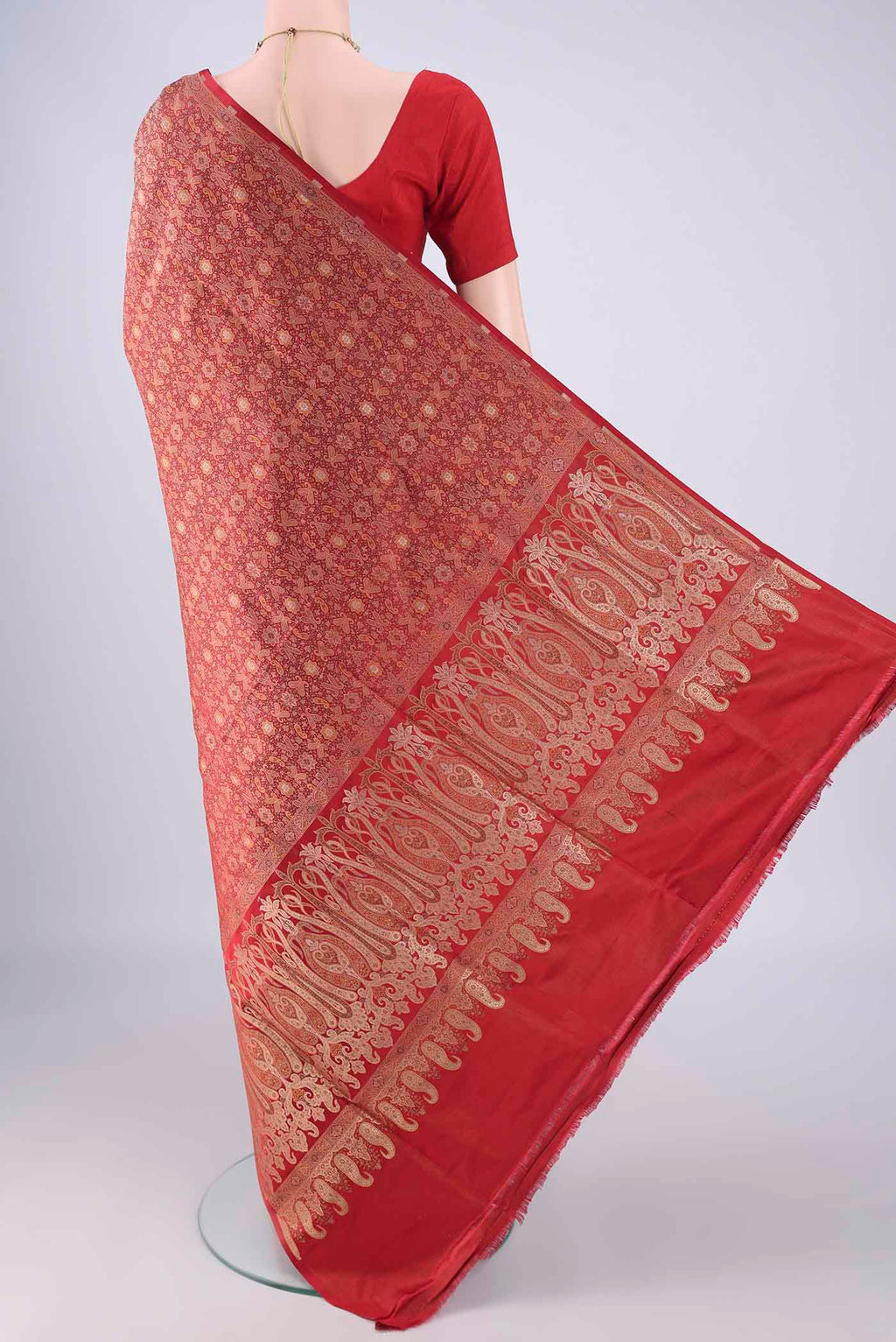Flat view of Red Banarasi Tanchoi Silk Saree with Jacquard With Thread Butta on the body and Thread Border. 