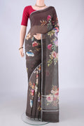 Pure Silk Davys Grey Linen Saree with Floral Print on the body and Zari Border.  displayed on a mannequin