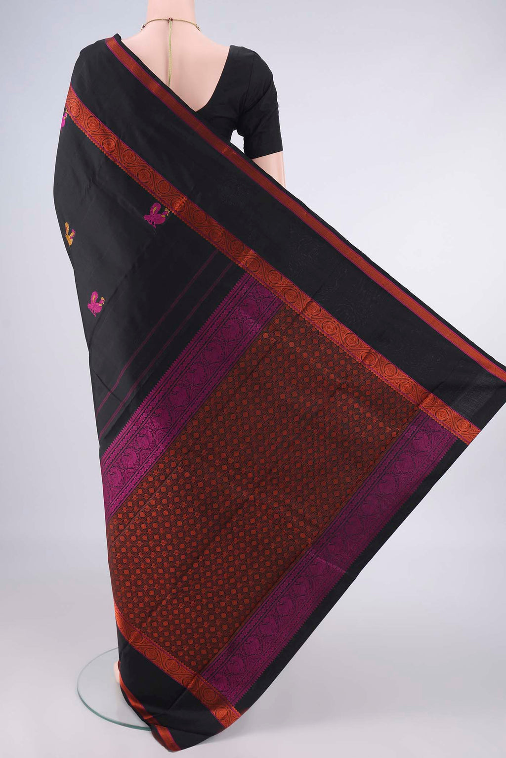 Flat view of Pure Silk Black Kanjivaram Saree with Thread Butta on the body and Thread Border. 
