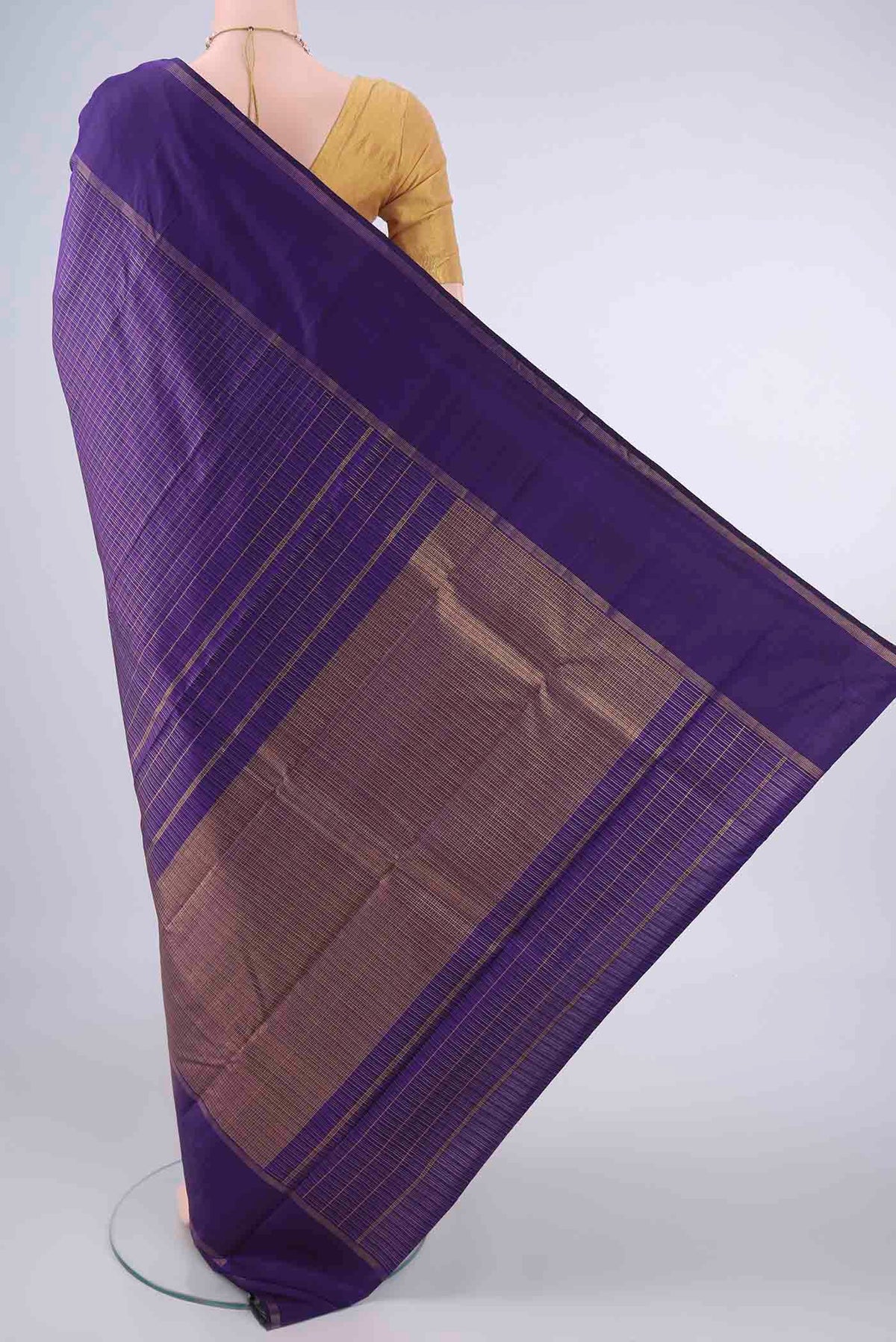Flat view of Pure Silk Purple Kanchipuram Saree with Checked design on the body and Plain Border. 