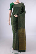 Pure Silk Bottle Green Kanjivaram Saree with Checked design on the body and Without Border.  displayed on a mannequin