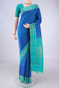 Royal Blue Kanchipuram Silk Saree with Plain Body and Zari Border.  displayed on a mannequin