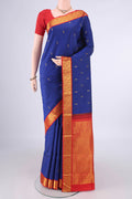 Pure Silk Royal Blue Kanjivaram Saree with Zari Butta on the body and Zari Border.  displayed on a mannequin