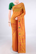 Pure Silk Mustard Kanchipuram Saree with Plain Body and Thread Border.  displayed on a mannequin