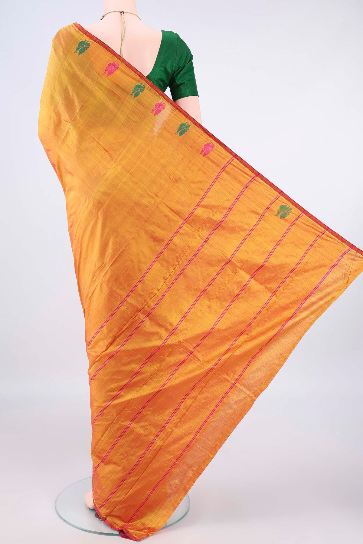 Flat view of Pure Silk Mustard Kanchipuram Saree with Plain Body and Thread Border. 