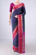 Pure Silk Pure Zari Peacock Blue Dual Tone Kanjivaram Saree with Zari Butta on the body and Zari And Thread Border.  displayed on a mannequin