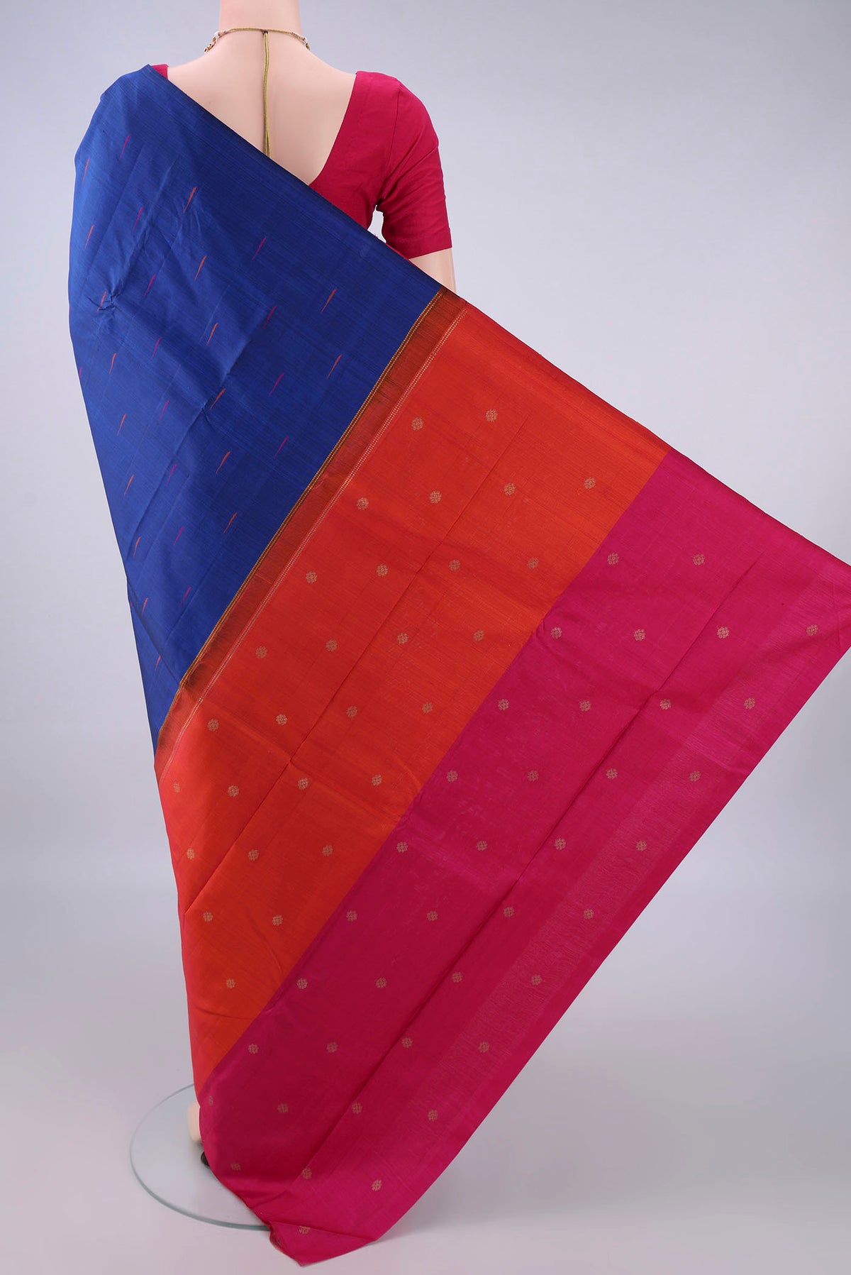 Flat view of Pure Silk Blue Kanjivaram Saree with Thread Butta on the body and Without Border. 