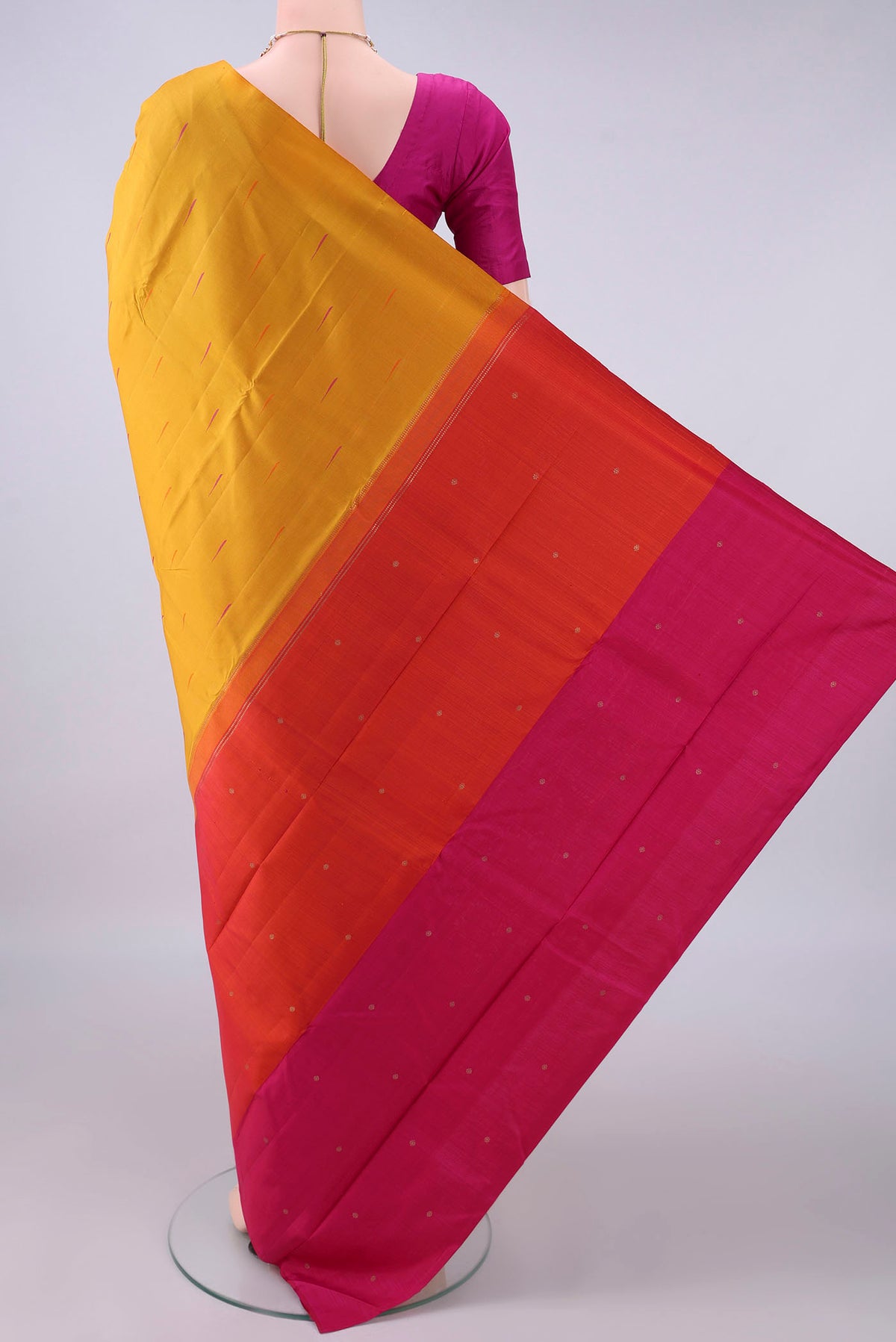Flat view of Pure Silk Yellow Kanjivaram Saree with Thread Butta on the body and Without Border. 