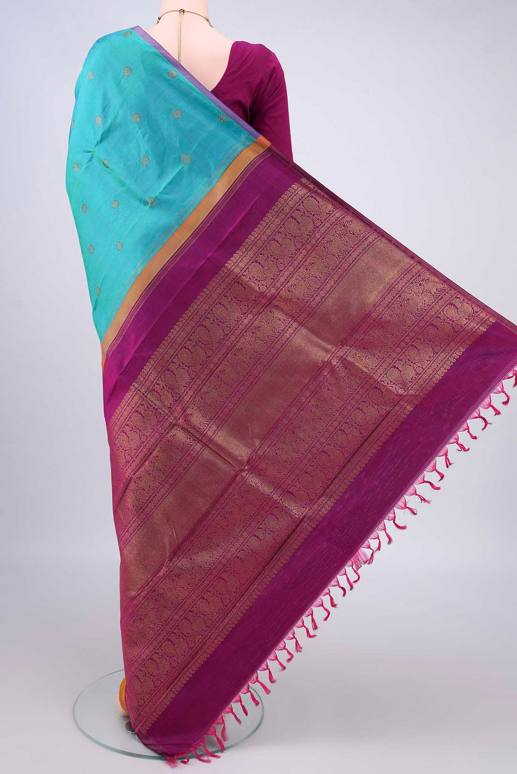 Flat view of Pure Silk Pure Zari Multi Color Kanjivaram Saree with Half And Half on the body and Plain Border. 