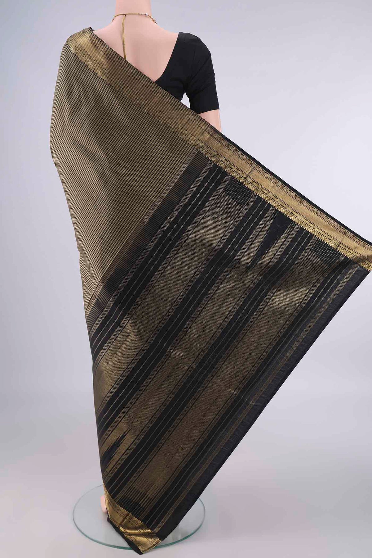 Flat view of Pure Silk Multi Color Kanjivaram Saree with Checked design on the body and Zari Border. 