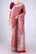 Maroon Banarasi Silk Saree with Zari Brocade on the body and Zari Border.  displayed on a mannequin