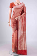 Red Banarasi Silk Saree with Zari Brocade on the body and Zari Border.  displayed on a mannequin