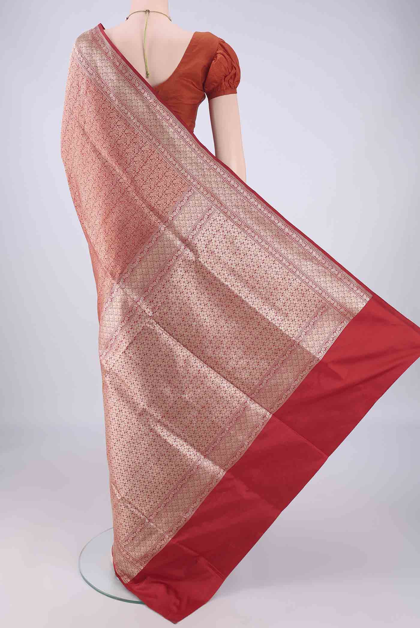 Flat view of Red Banarasi Silk Saree with Zari Brocade on the body and Zari Border. 