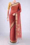 Coral Coimbatore Silk Cotton Saree with Zari Butta on the body and Zari Border.  displayed on a mannequin