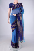 Blue Coimbatore Silk Cotton Saree with Zari Butta on the body and Zari Border.  displayed on a mannequin