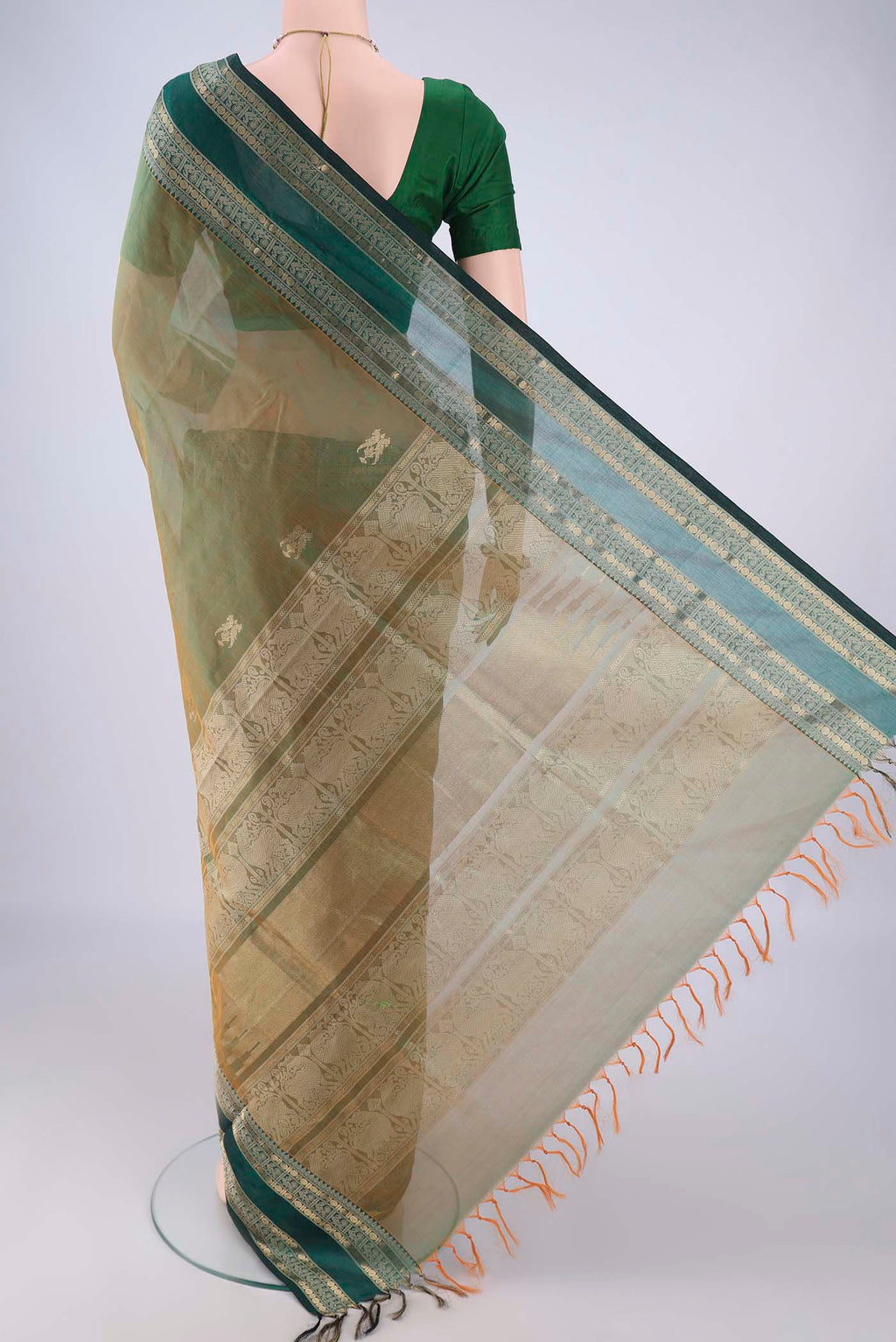 Flat view of Light Green Dual Tone Coimbatore Silk Cotton Saree with Zari Butta on the body and Zari And Thread Border. 