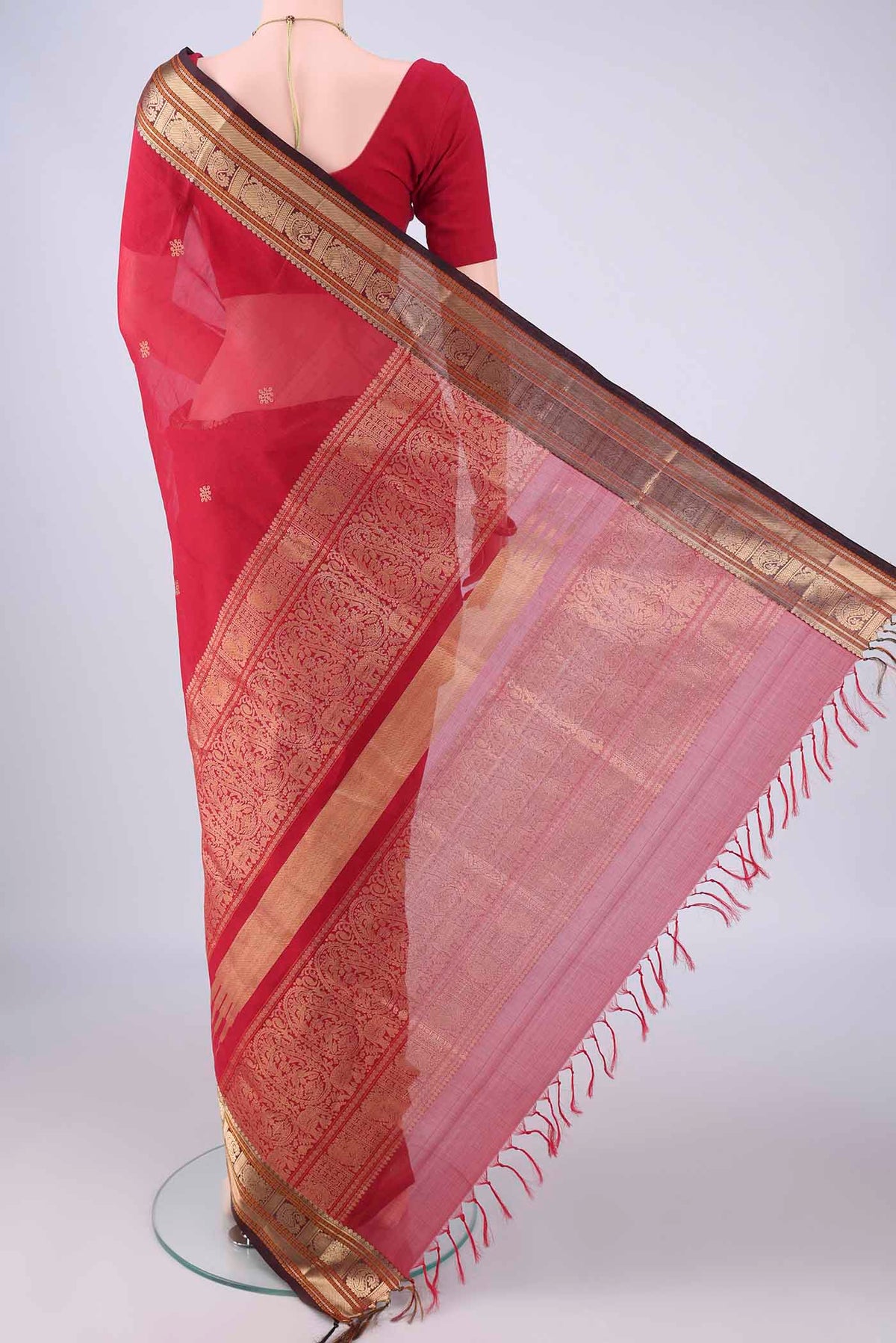 Flat view of Deep Red Coimbatore Silk Cotton Saree with Zari Butta on the body and Zari Border. 