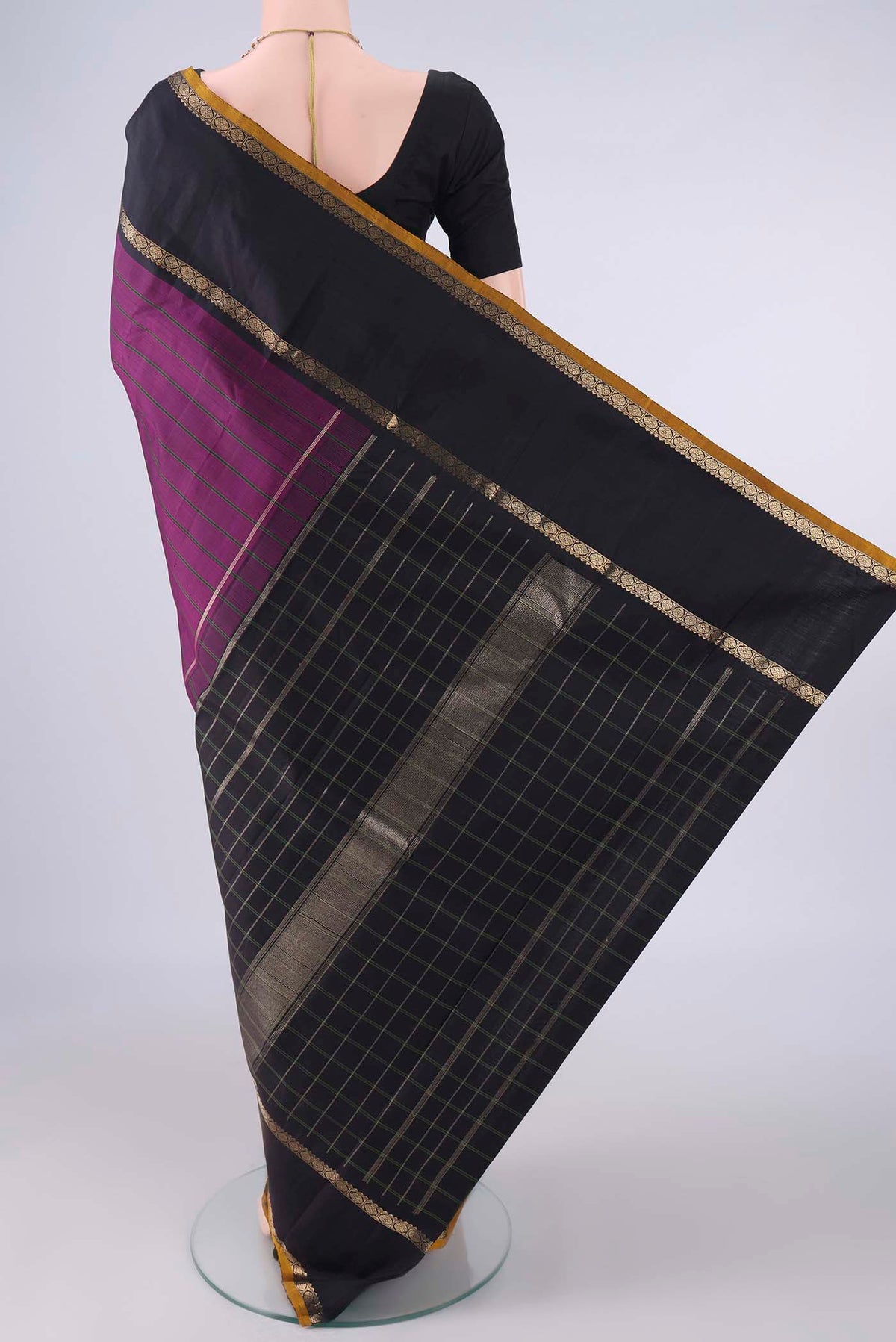 Flat view of Pure Silk Purple Kanchipuram Saree with Stripes on the body and Zari Border. 