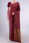Pure Silk Maroon Kanchipuram Saree with Checked design on the body and Without Border.  displayed on a mannequin