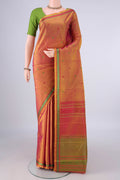 Pure Silk Pinkish Yellow Dual Tone Kanjivaram Saree with Thread Butta on the body and Thread Border.  displayed on a mannequin