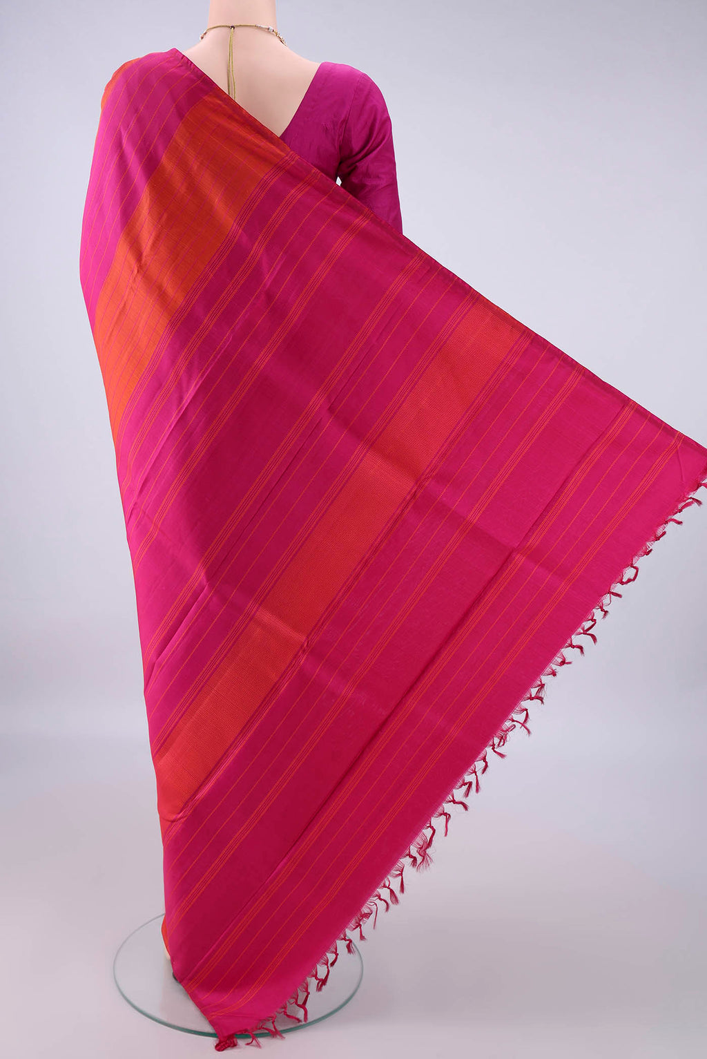 Flat view of Pure Silk Multi Color Kanjivaram Saree with Stripes on the body and Plain Border. 