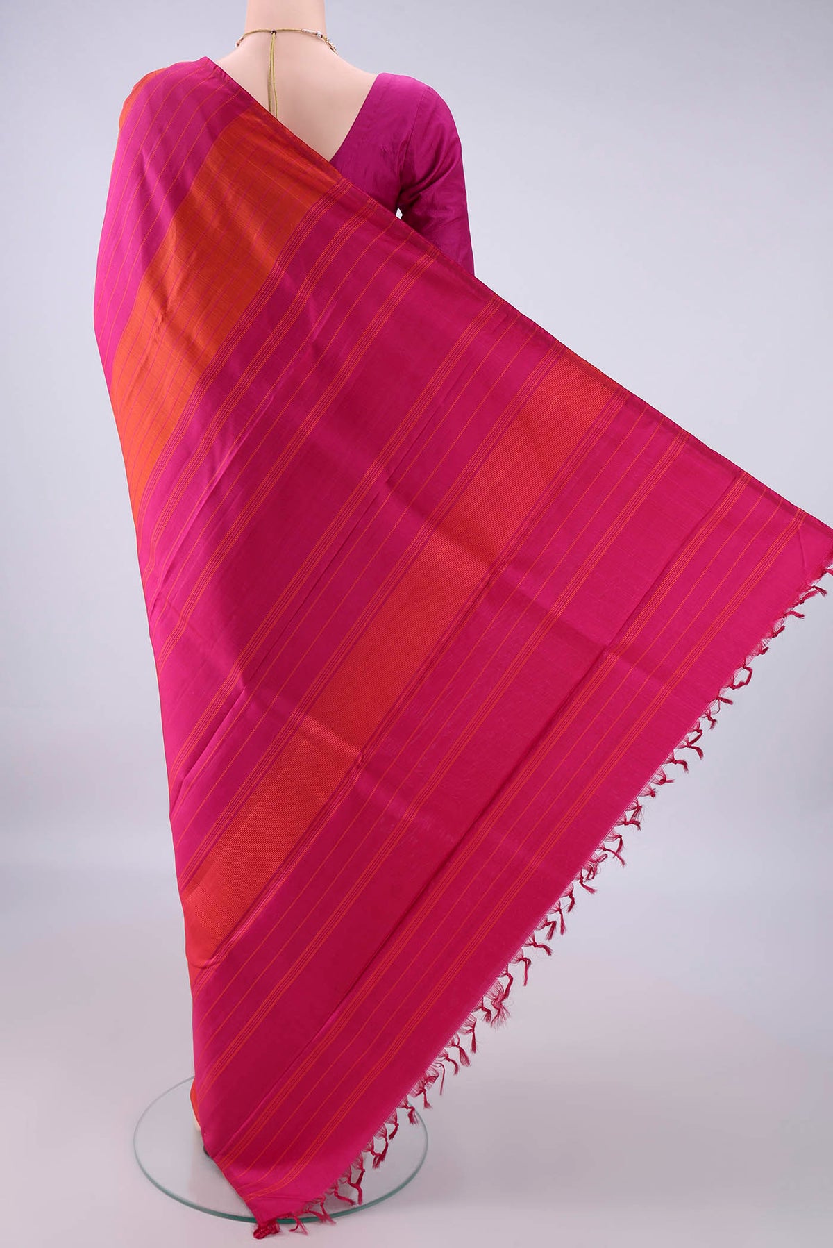 Flat view of Pure Silk Multi Color Kanjivaram Saree with Stripes on the body and Plain Border. 