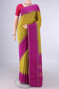 Pure Silk Pure Zari Mustard Kanjivaram Saree with Checked design on the body and Plain Border.  displayed on a mannequin