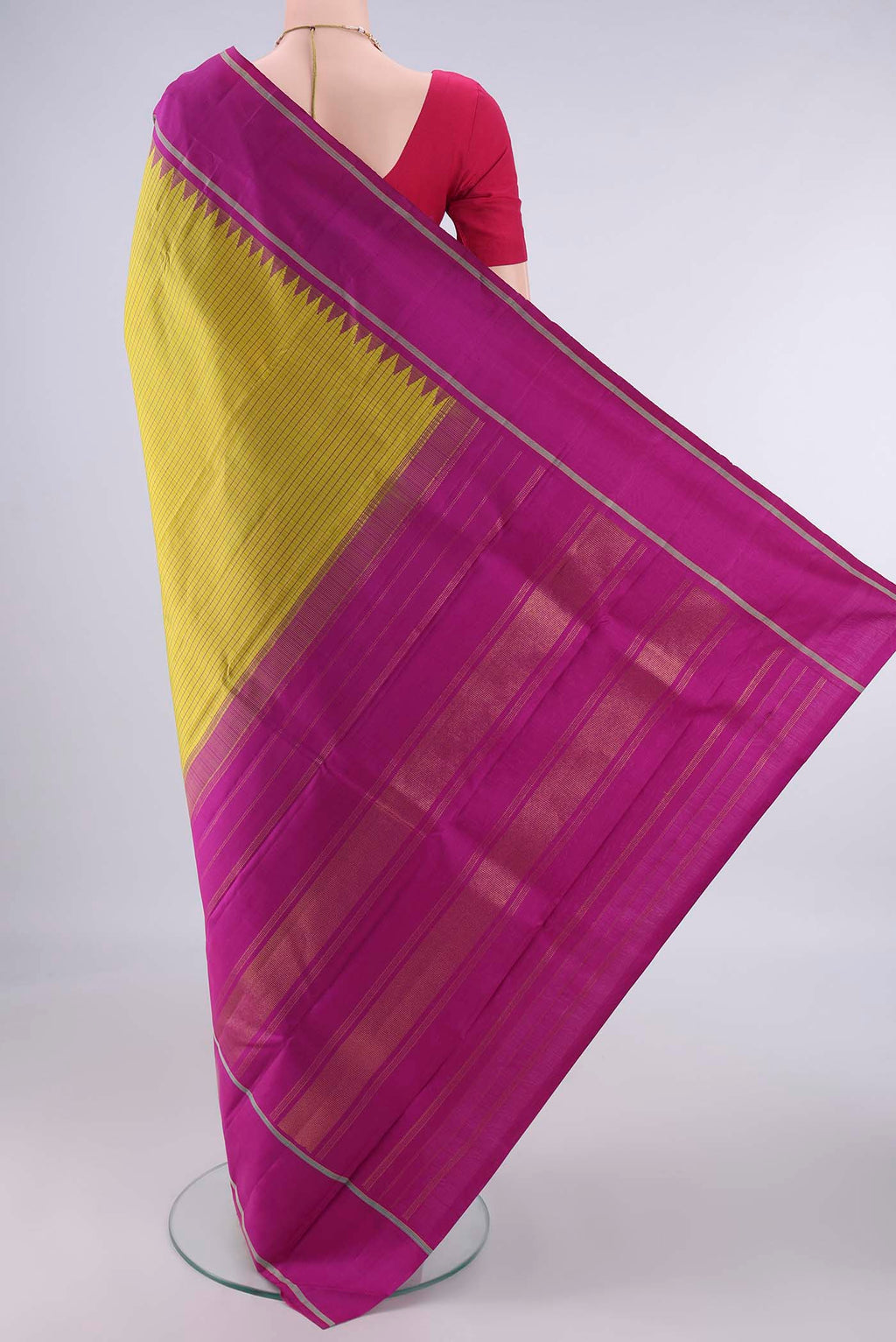 Flat view of Pure Silk Pure Zari Mustard Kanjivaram Saree with Checked design on the body and Plain Border. 