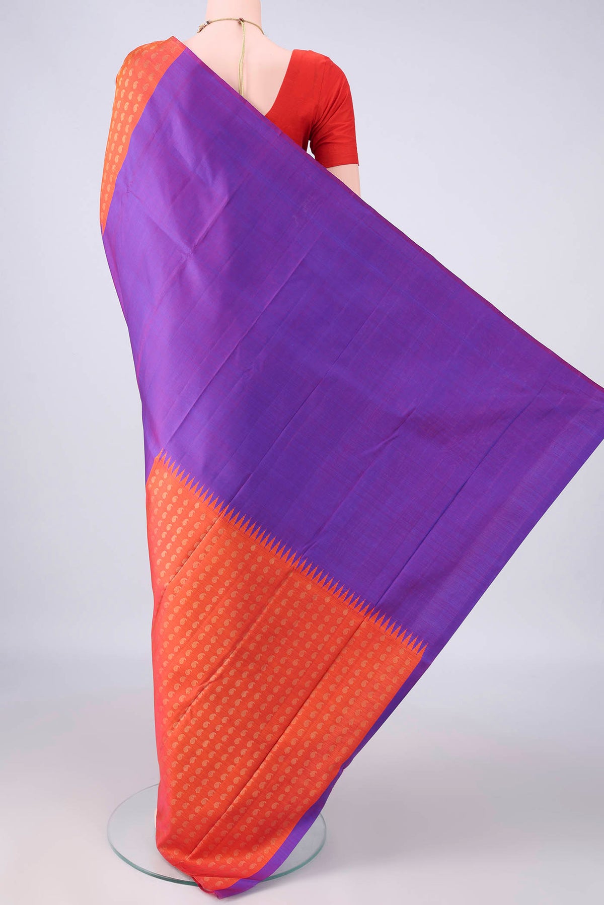 Flat view of Pure Silk Pure Zari Multi Color Kanchipuram Saree with Half And Half on the body and Without Border. 