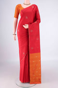 Pure Silk Pure Zari Red Kanchipuram Saree with Zari Butta on the body and Plain Border.  displayed on a mannequin