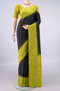 Pure Silk Navy Blue Kanjivaram Saree with Checked design on the body and Temple Border.  displayed on a mannequin