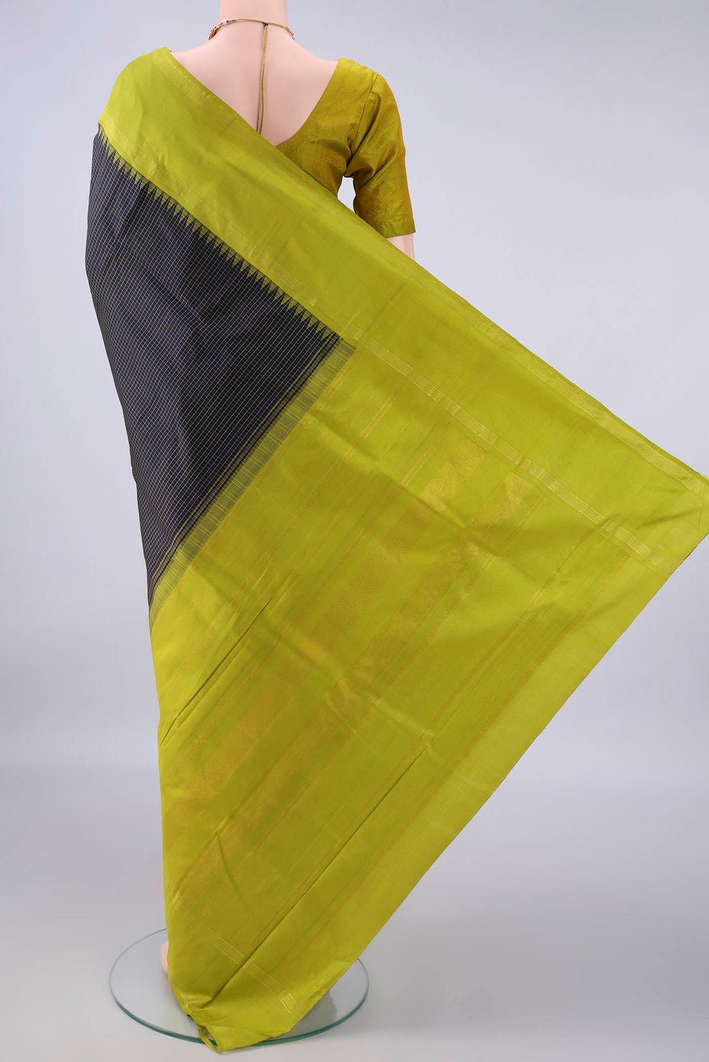 Flat view of Pure Silk Navy Blue Kanjivaram Saree with Checked design on the body and Temple Border. 