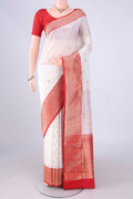 White Banarasi Katan Silk Saree with Zari Butta on the body and Zari Border.  displayed on a mannequin