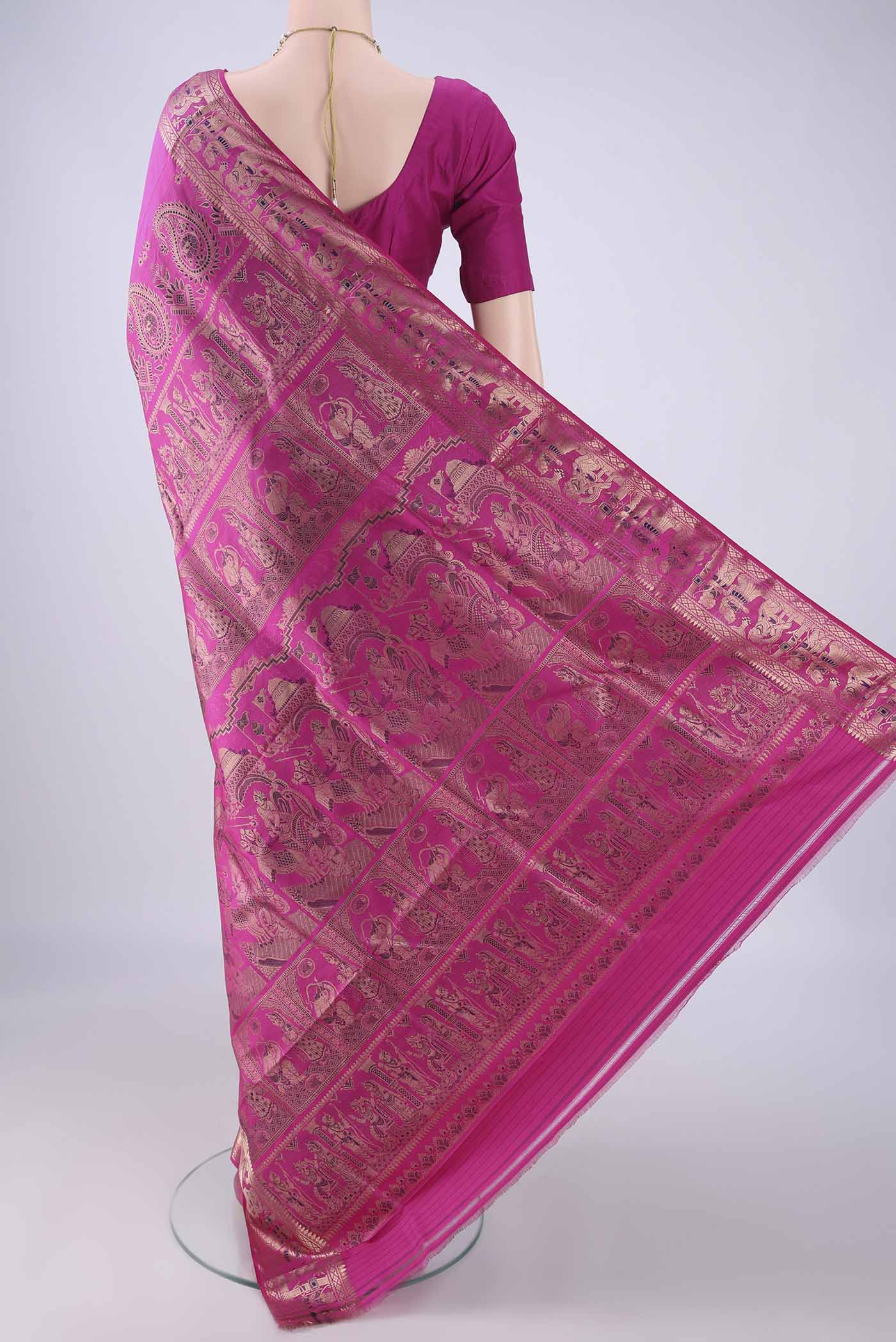 Flat view of Rani Pink Dual Tone Baluchari Silk Saree with Zari And Thread Butta on the body and Zari And Thread Border. 