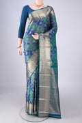 Peacock Blue Dual Tone Kanjivaram Silk Saree with Zari Brocade on the body and Zari Border.  displayed on a mannequin
