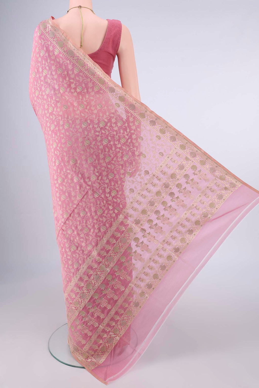 Flat view of Pure Silk Peach Banarasi Saree with Thread Brocade on the body and Zari And Thread Border. 