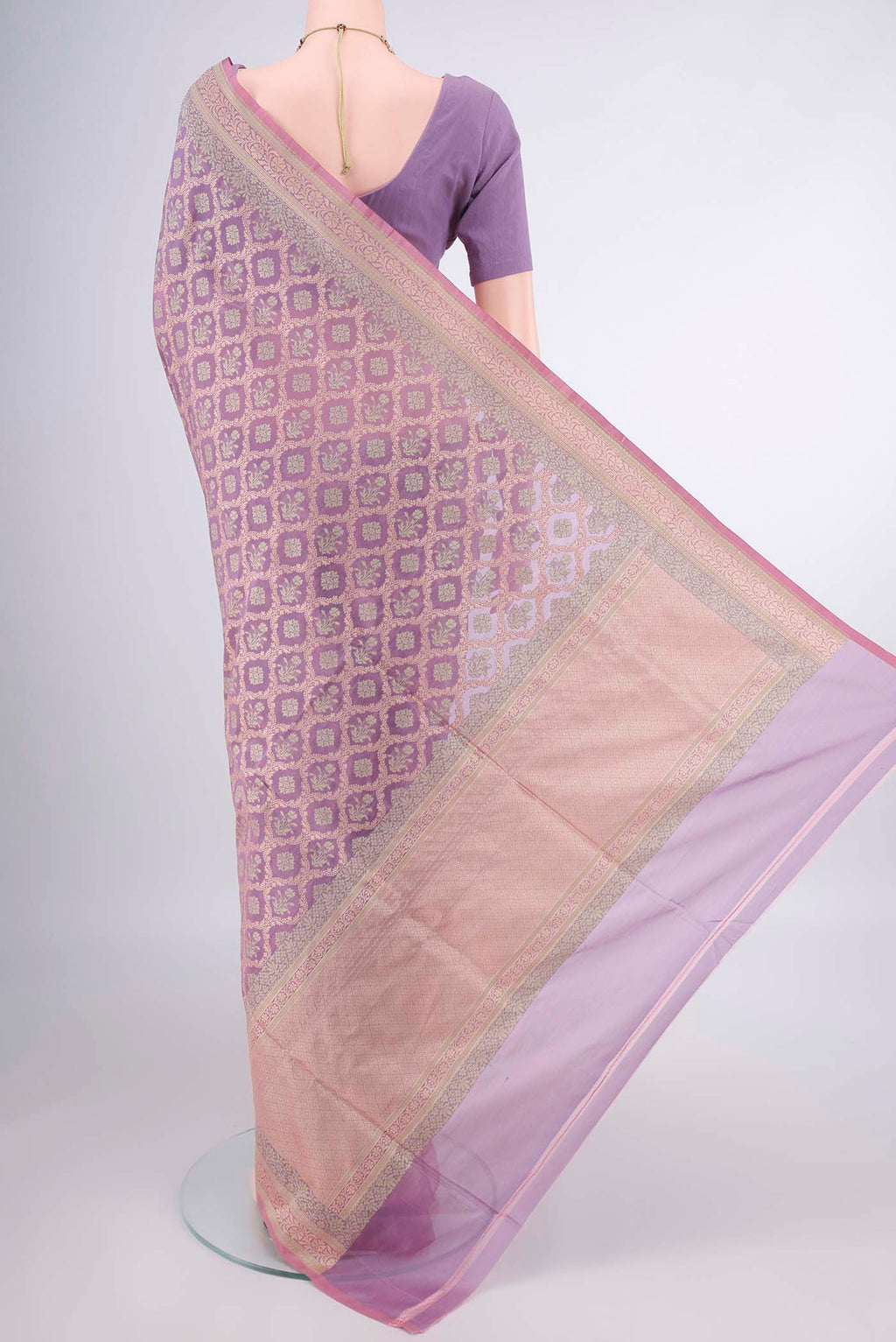 Flat view of Pure Silk Lavender Banarasi Saree with Thread Brocade on the body and Thread Border. 