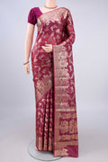 Dark Pink Banarasi Tussar Saree with Zari And Thread Butta on the body and Zari Border.  displayed on a mannequin