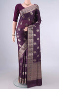 Purple Banarasi Tussar Saree with Zari And Thread Butta on the body and Zari Border.  displayed on a mannequin