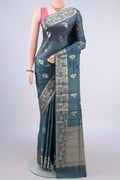 Blue Grey Banarasi Tussar Saree with Zari And Thread Butta on the body and Zari Border.  displayed on a mannequin